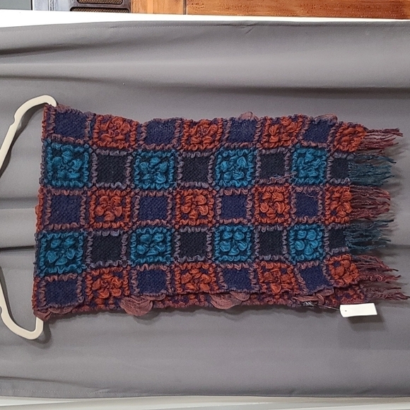 NWT Womens Patchwork Scarf Wrap 70x16 in. Navy Rust Teal Fringed - Picture 5 of 9